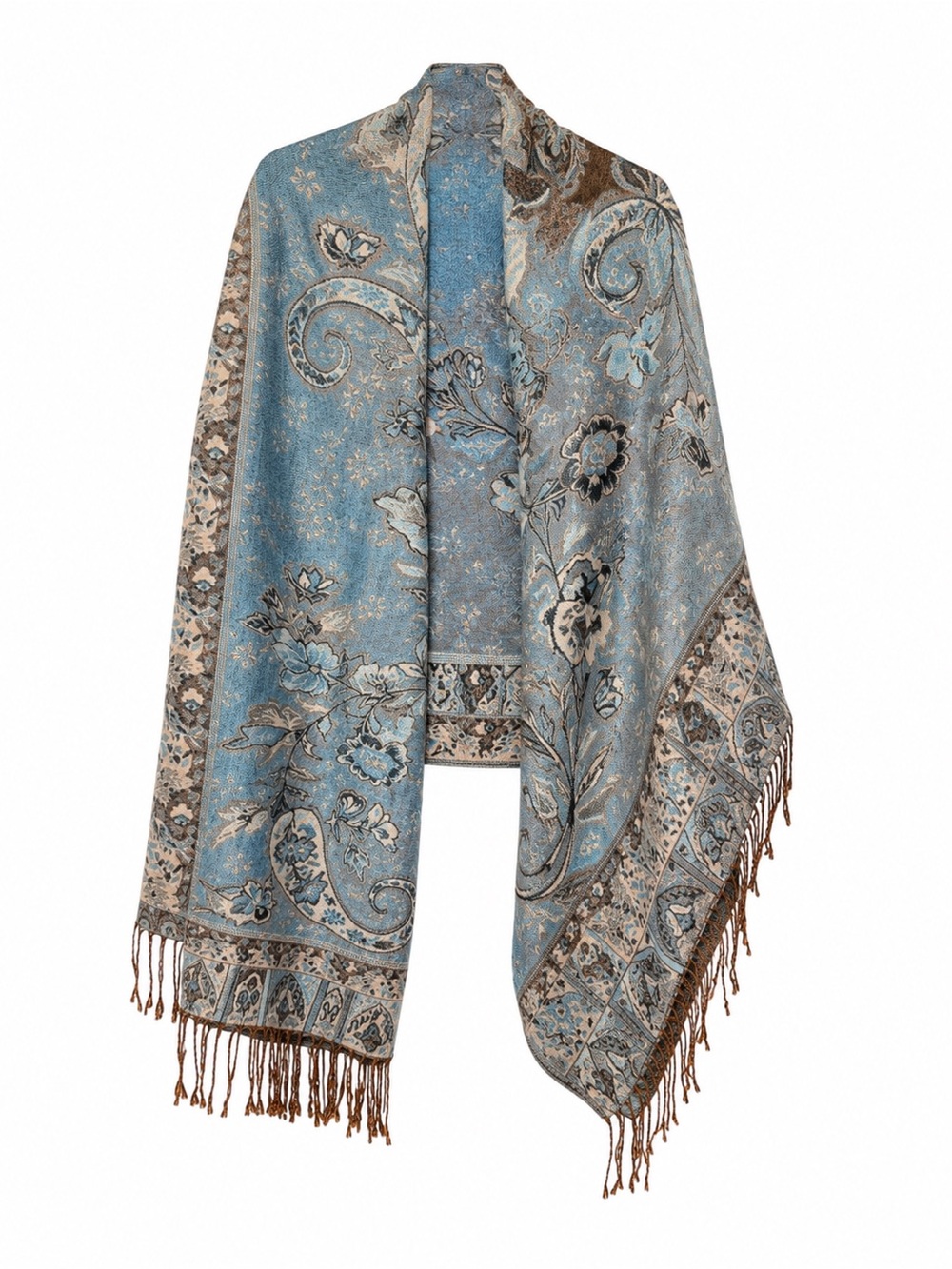 100% Pashmina Blue Floral Paisley Fringe Shawl Wrap Scarf 28x69 Reversible